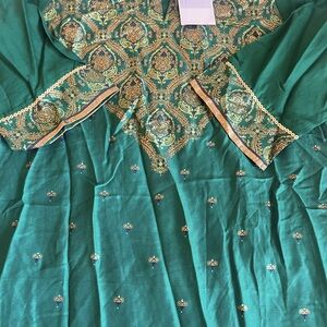 Aurelia brand green with gold sequence work and print details